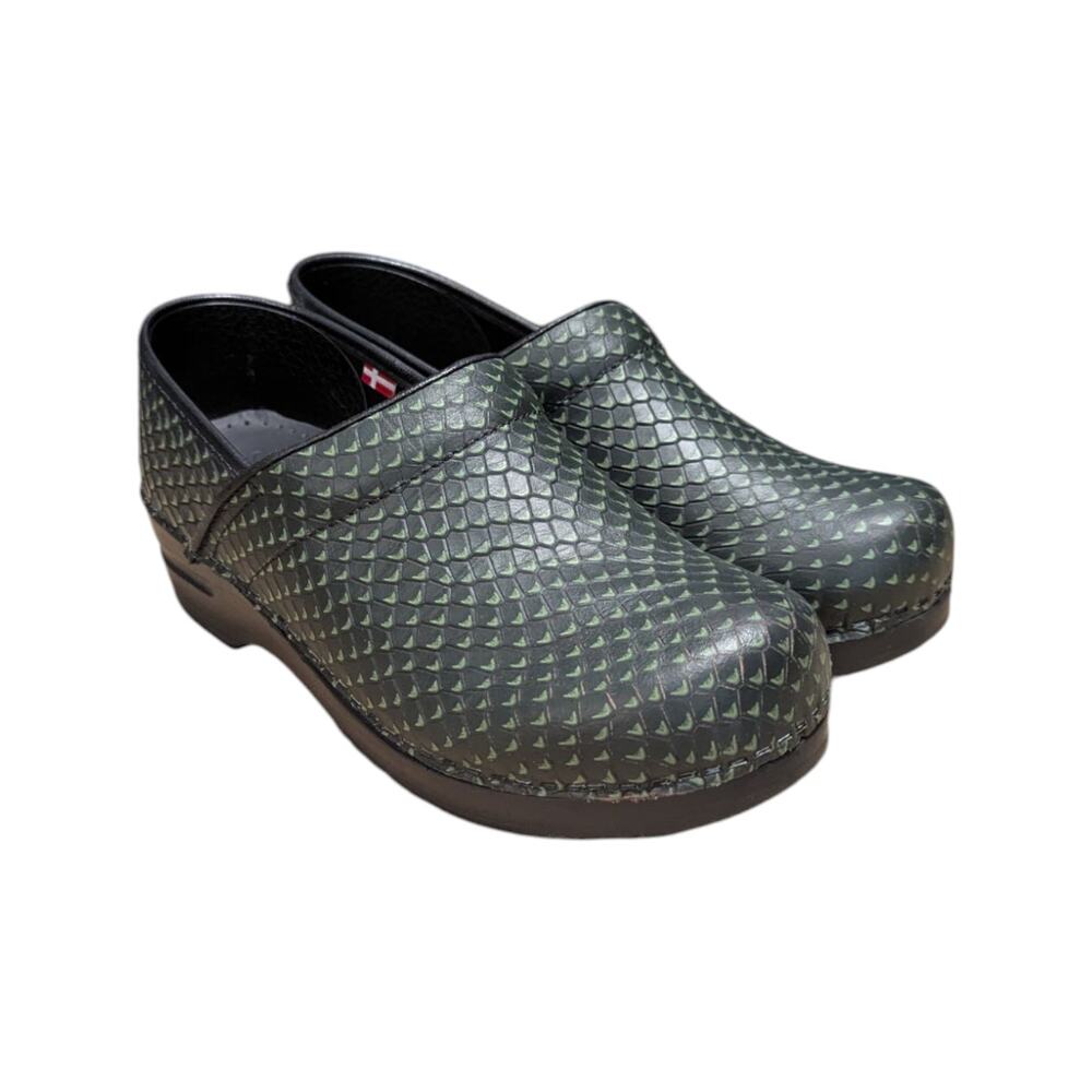 Sanita Green Snake Print Clogs Reptile Textured Chunky Comfort Shoes Womens 7.5